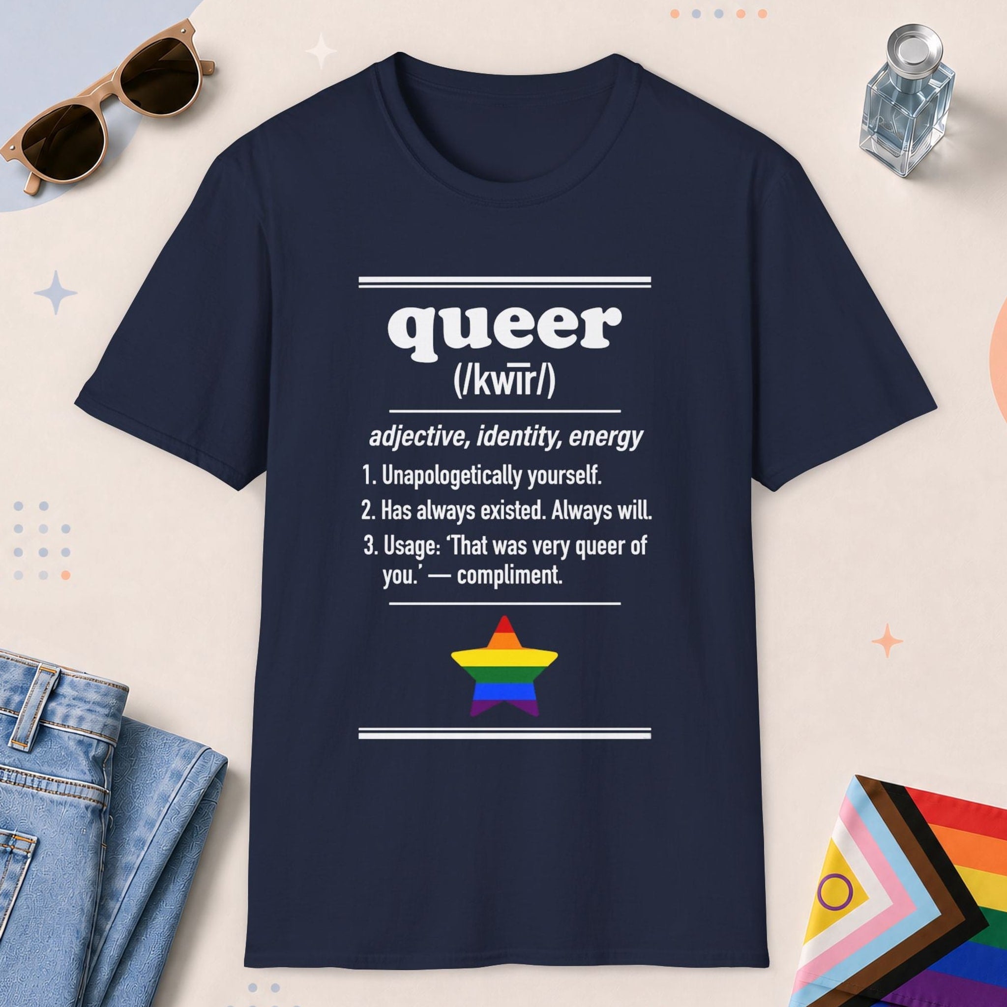 Navy color all-gender graphic t-shirt with "Queer Definition" design