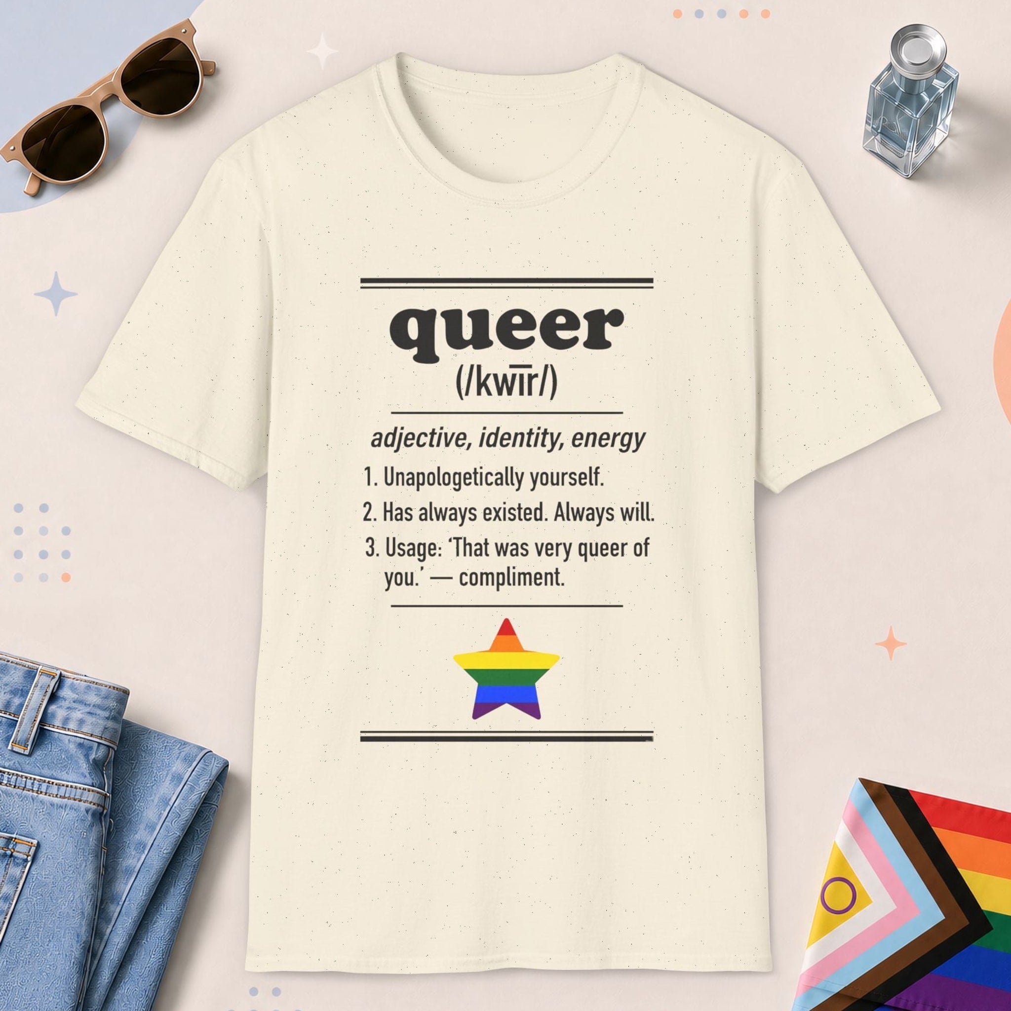 Natural color all-gender graphic t-shirt with "Queer Definition" design