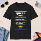 Black color all-gender graphic t-shirt with "Queer Definition" design