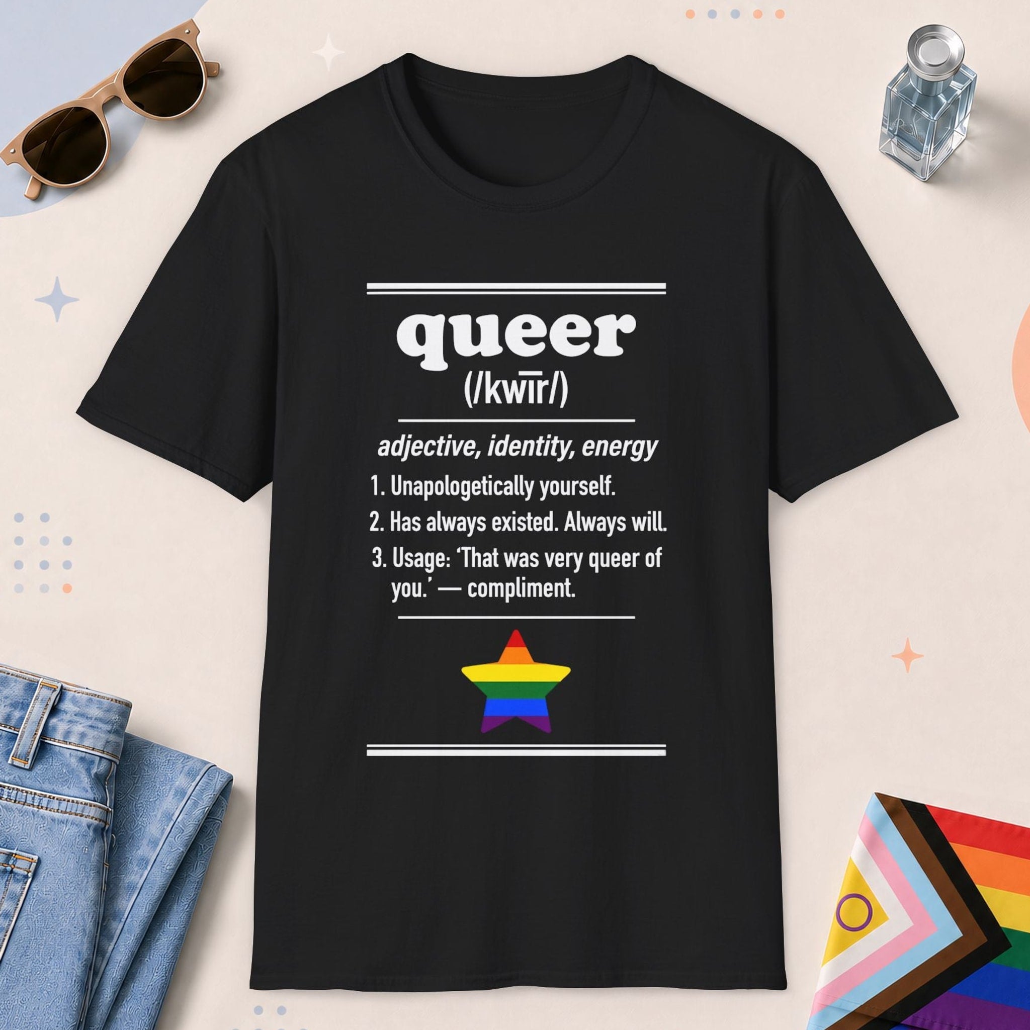 Black color all-gender graphic t-shirt with "Queer Definition" design