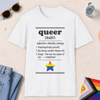 White color all-gender graphic t-shirt with "Queer Definition" design