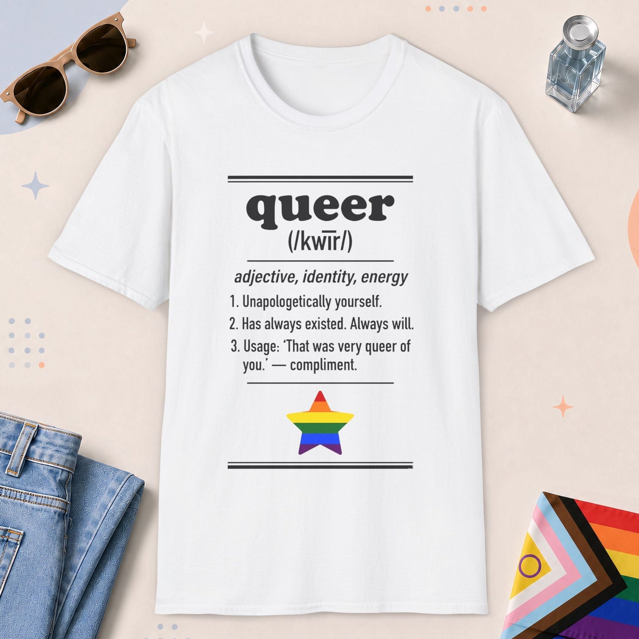 White color all-gender graphic t-shirt with "Queer Definition" design
