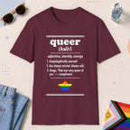 Maroon color all-gender graphic t-shirt with "Queer Definition" design