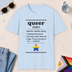 Light Blue color all-gender graphic t-shirt with "Queer Definition" design