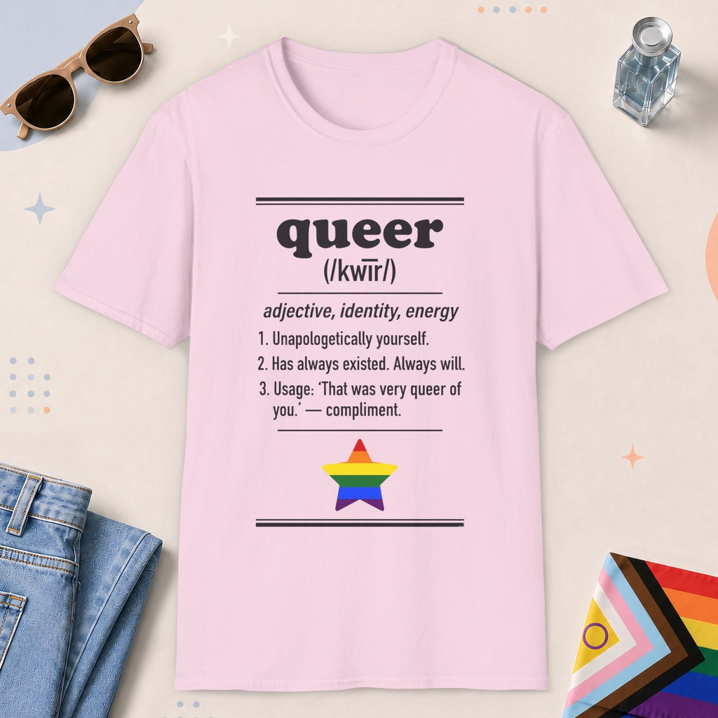 Light Pink color all-gender graphic t-shirt with "Queer Definition" design