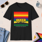 Black color all-gender graphic t-shirt with "Queer In The Wild" design