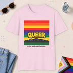 Light Pink color all-gender graphic t-shirt with "Queer In The Wild" design