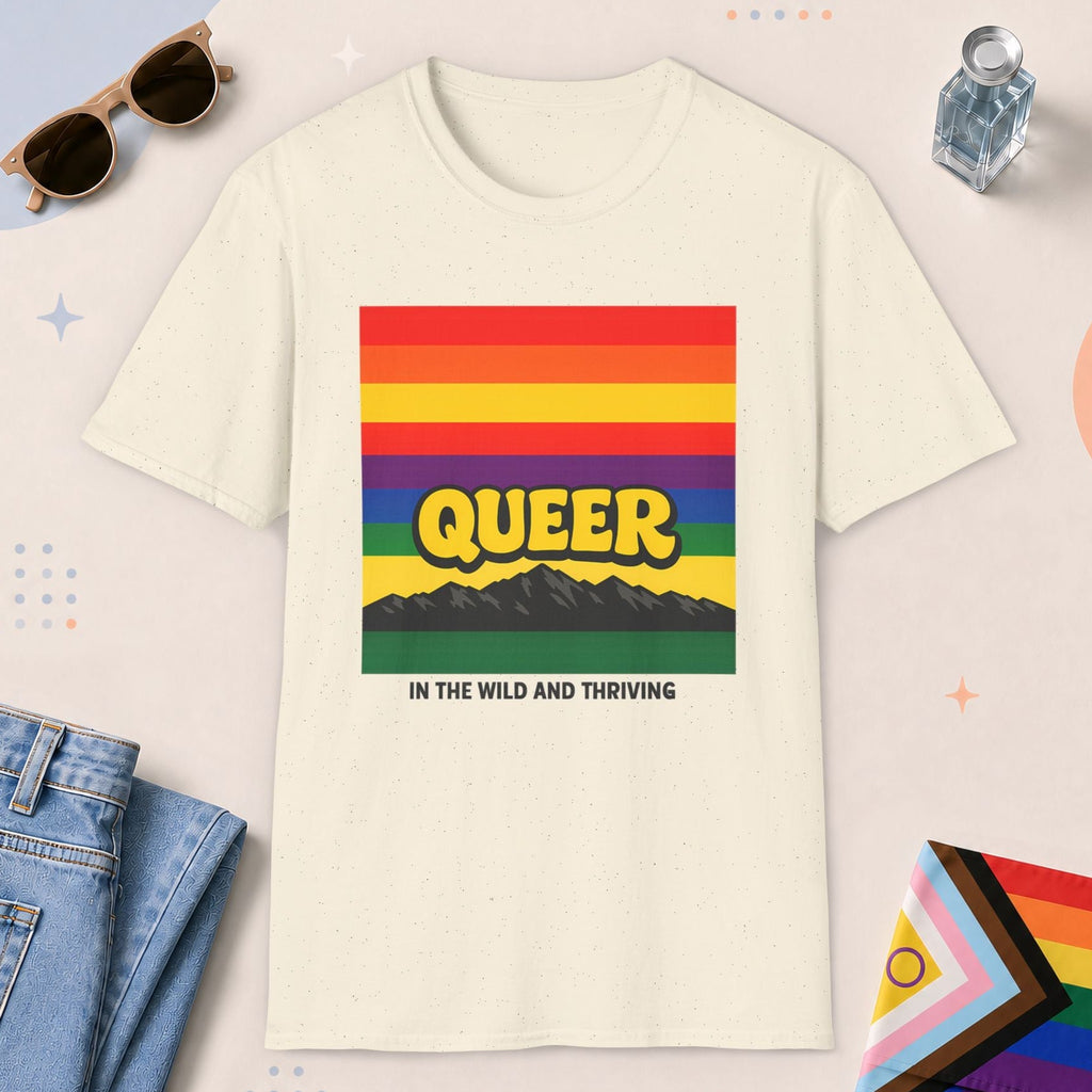 Natural color all-gender graphic t-shirt with "Queer In The Wild" design
