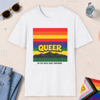 White color all-gender graphic t-shirt with "Queer In The Wild" design