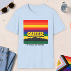Light Blue color all-gender graphic t-shirt with "Queer In The Wild" design