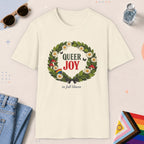 Natural color all-gender graphic t-shirt with "Queer Joy" design