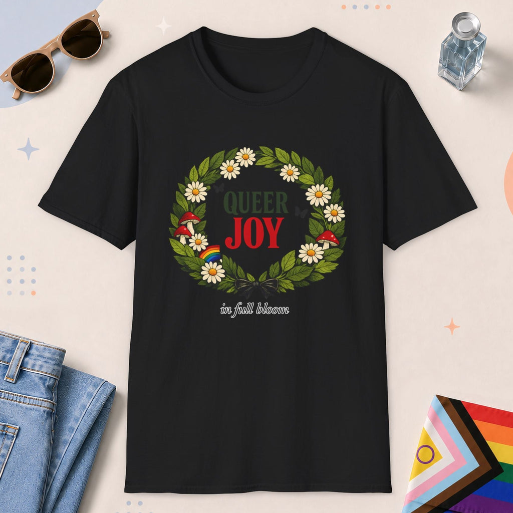 Black color all-gender graphic t-shirt with "Queer Joy" design