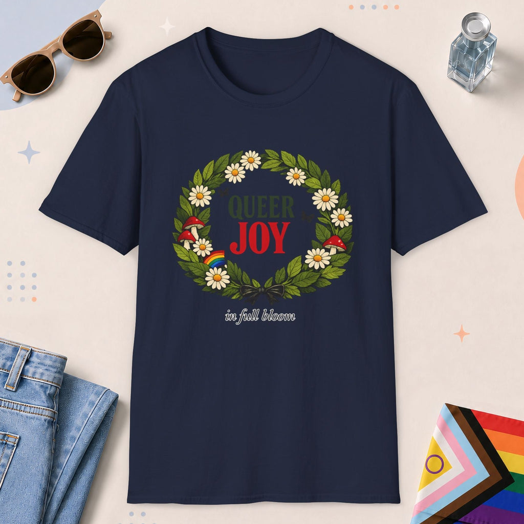 Navy color all-gender graphic t-shirt with "Queer Joy" design