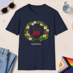 Navy color all-gender graphic t-shirt with "Queer Joy" design