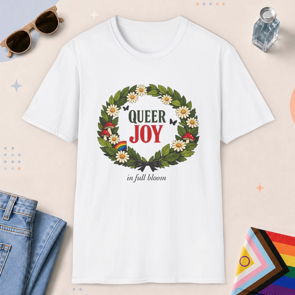 White color all-gender graphic t-shirt with "Queer Joy" design