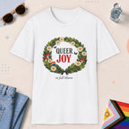 White color all-gender graphic t-shirt with "Queer Joy" design