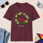 Maroon color all-gender graphic t-shirt with "Queer Joy" design