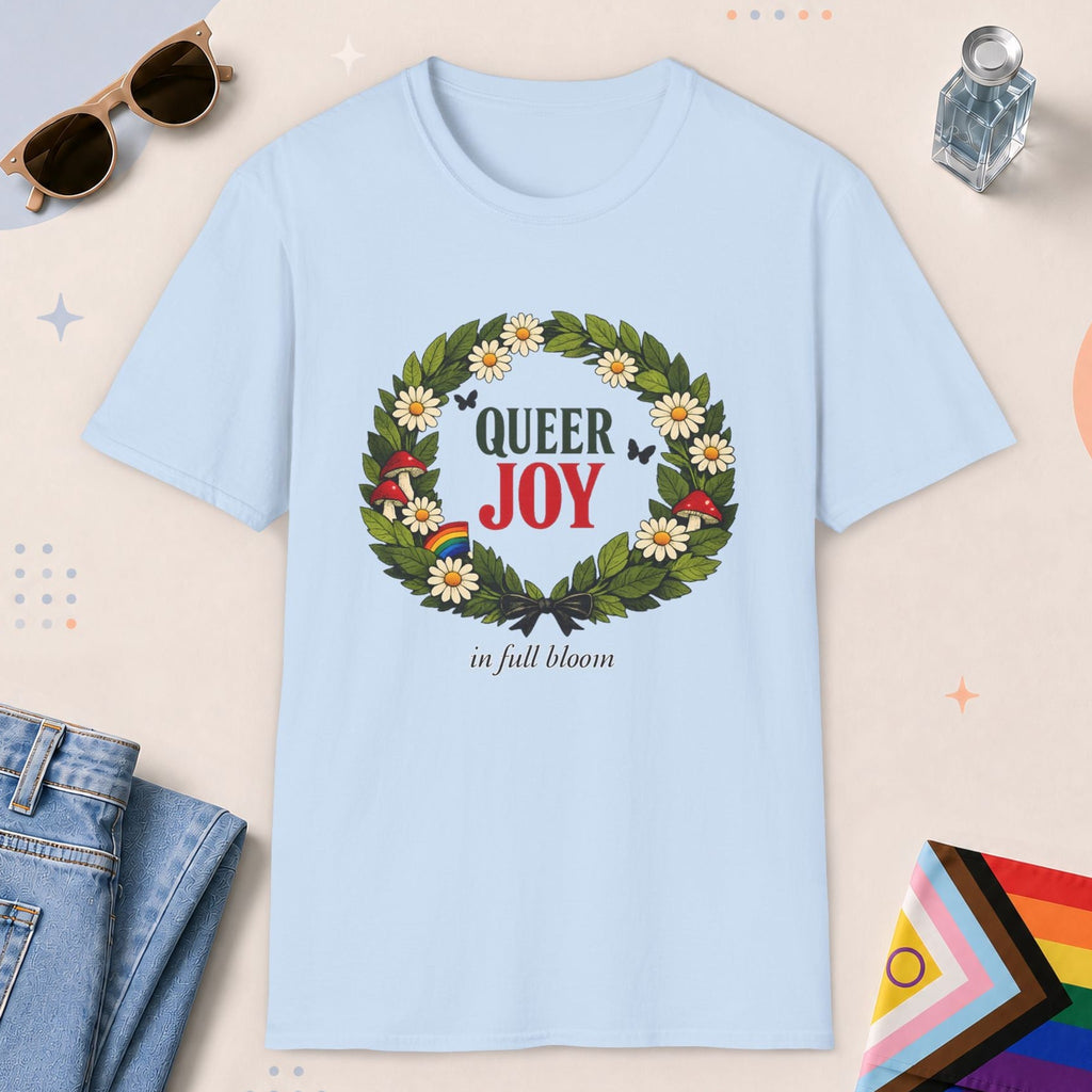 Light Blue color all-gender graphic t-shirt with "Queer Joy" design