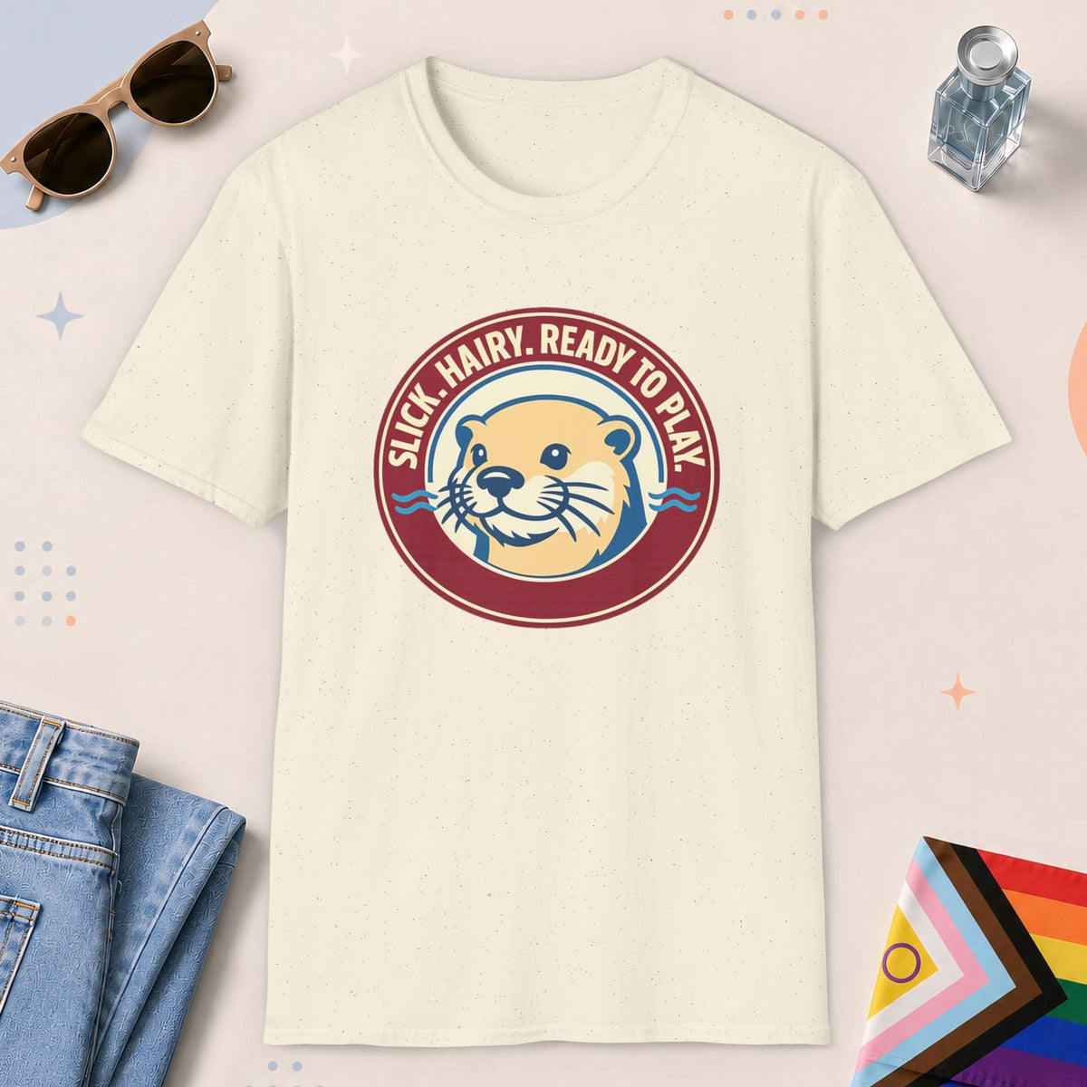 Natural color all-gender graphic t-shirt with "Ready To Play" design