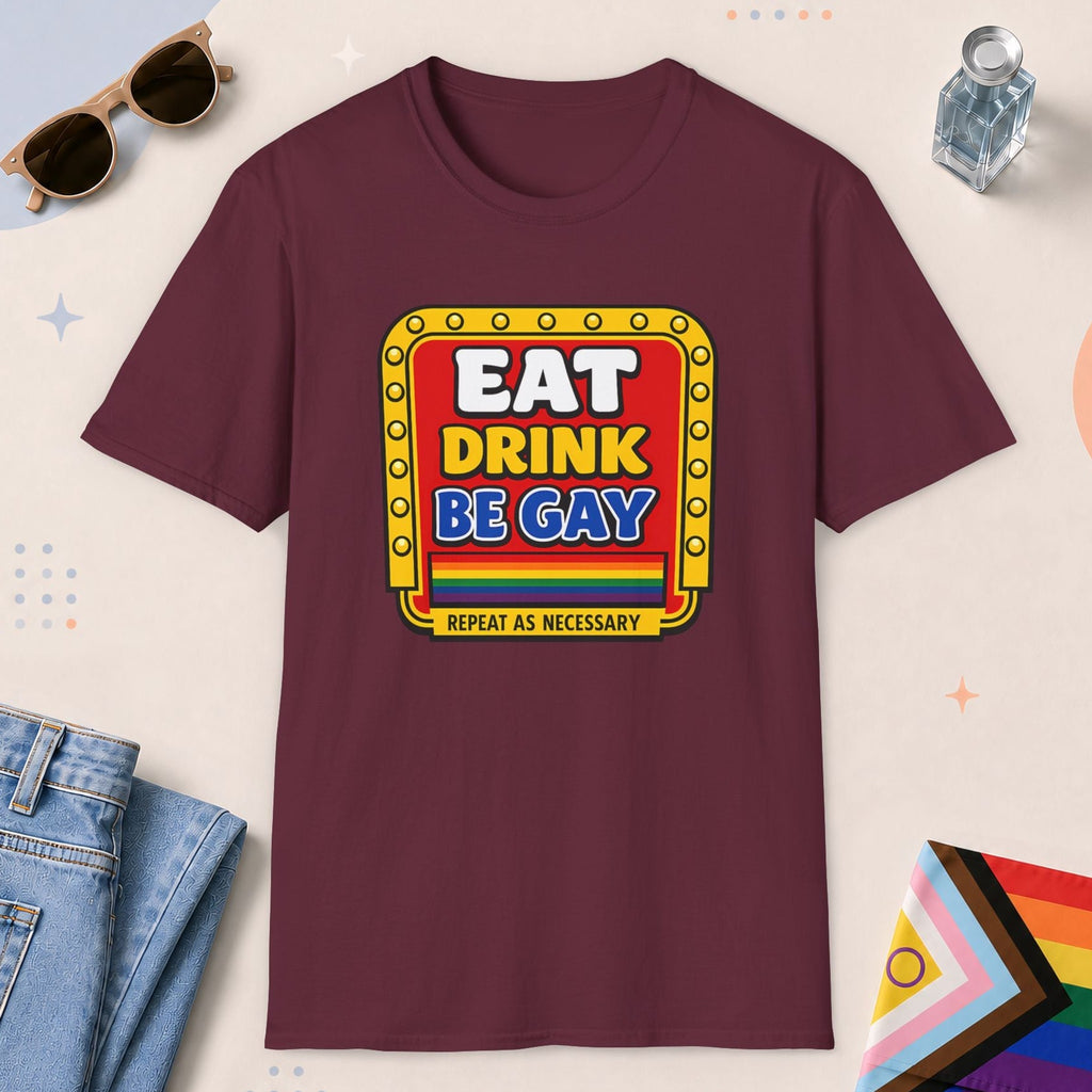 Maroon color all-gender graphic t-shirt with "Retro Gay Diner Sign" design