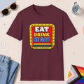 Maroon color all-gender graphic t-shirt with "Retro Gay Diner Sign" design
