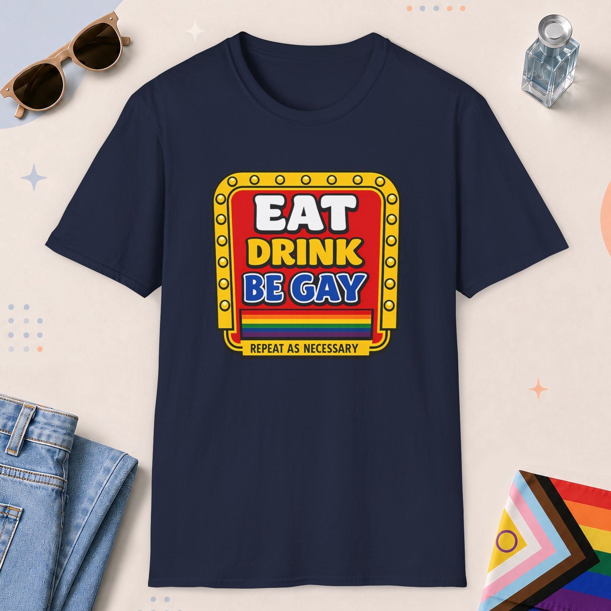 Navy color all-gender graphic t-shirt with "Retro Gay Diner Sign" design