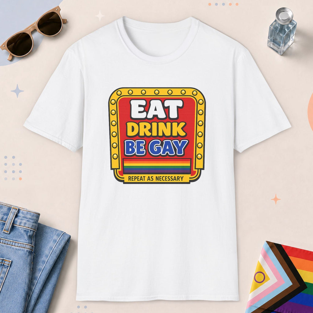 White color all-gender graphic t-shirt with "Retro Gay Diner Sign" design
