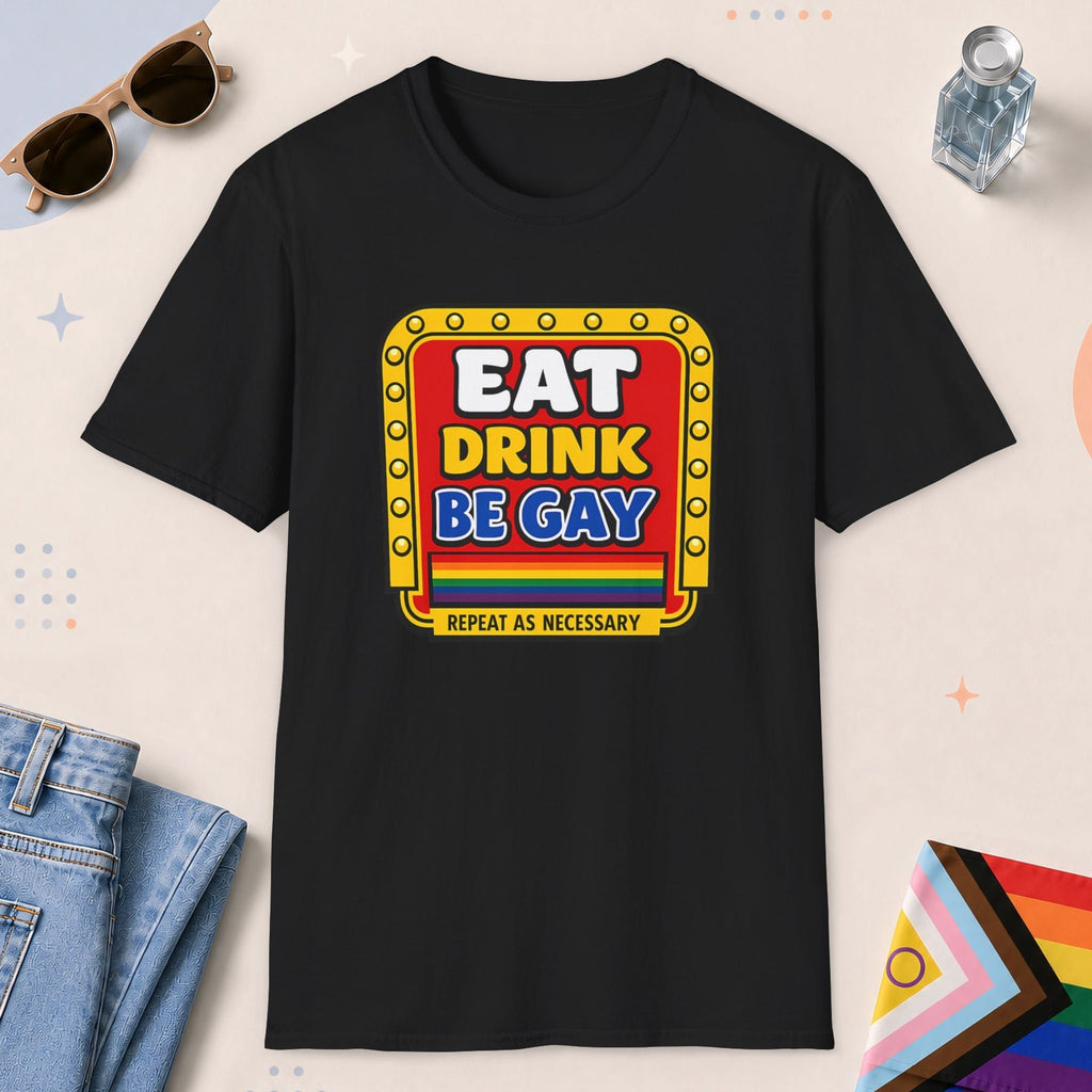 Black color all-gender graphic t-shirt with "Retro Gay Diner Sign" design