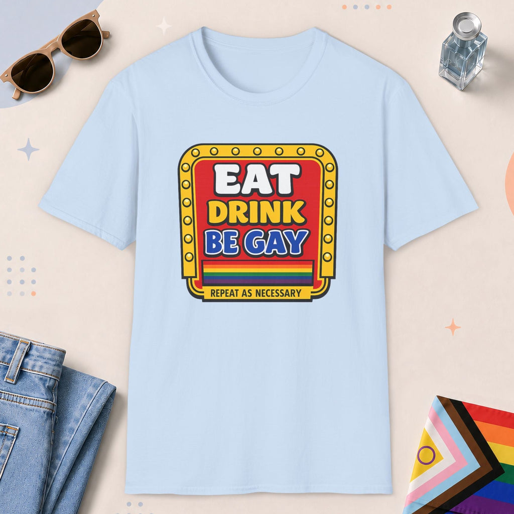 Light Blue color all-gender graphic t-shirt with "Retro Gay Diner Sign" design