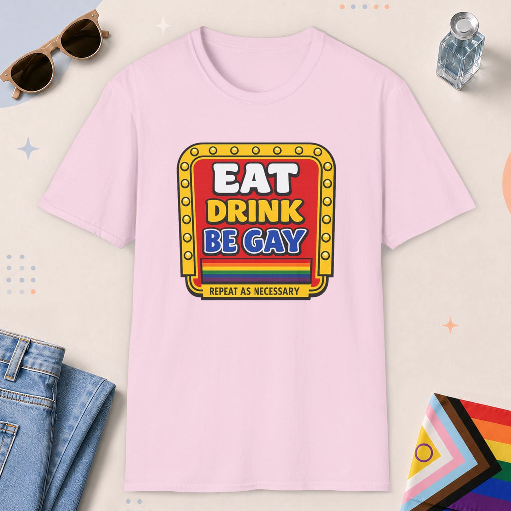 Light Pink color all-gender graphic t-shirt with "Retro Gay Diner Sign" design