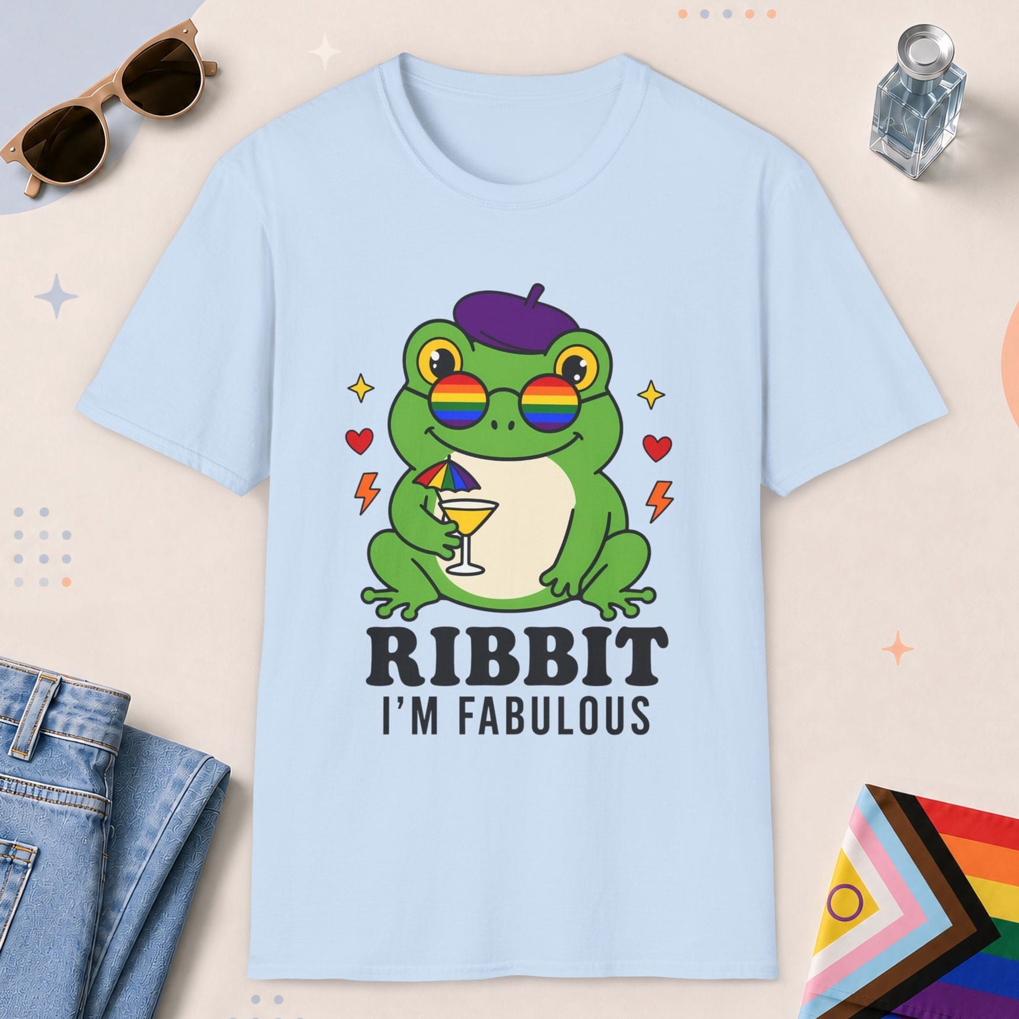 Light Blue color all-gender graphic t-shirt with "Ribbit I am Fabulous" design