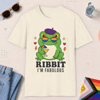 Natural color all-gender graphic t-shirt with "Ribbit I am Fabulous" design