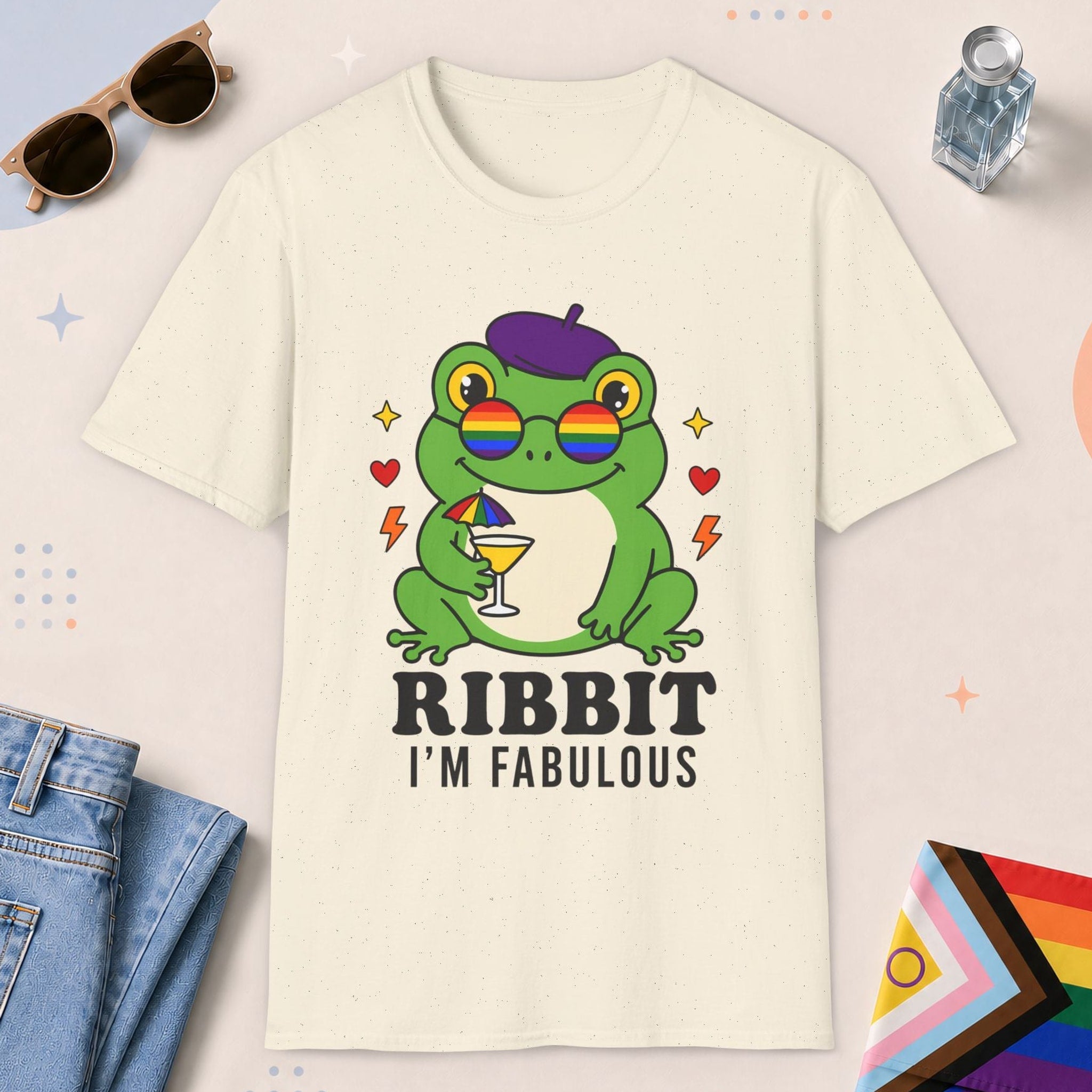 Natural color all-gender graphic t-shirt with "Ribbit I am Fabulous" design