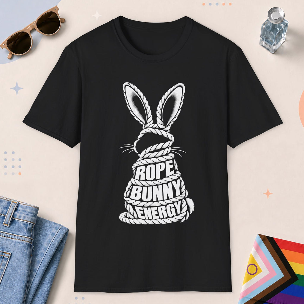 Black color all-gender graphic t-shirt with "Rope Bunny Energy" design
