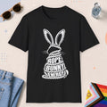 Black color all-gender graphic t-shirt with "Rope Bunny Energy" design