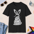 Black color all-gender graphic t-shirt with "Rope Bunny Energy" design