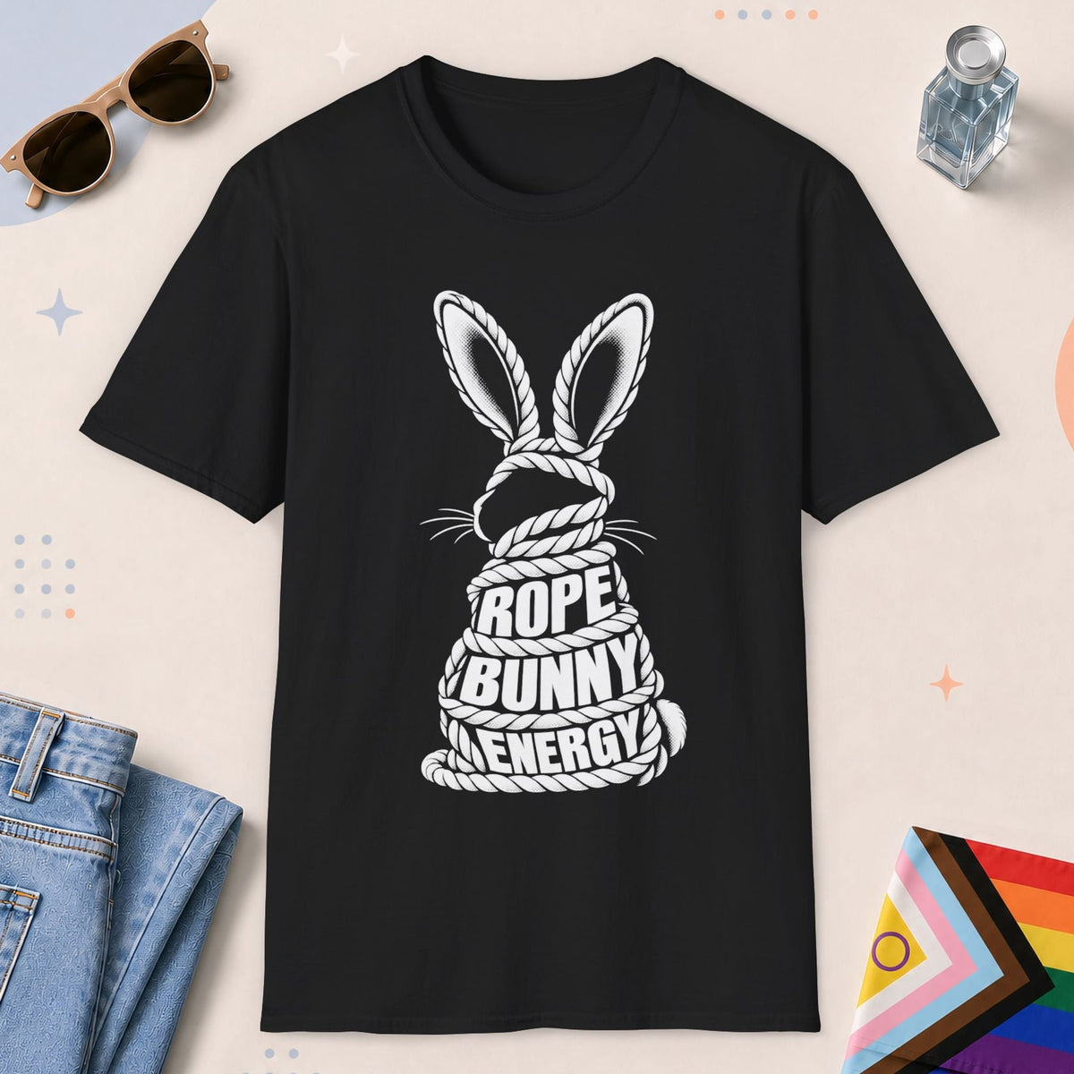 Black color all-gender graphic t-shirt with "Rope Bunny Energy" design