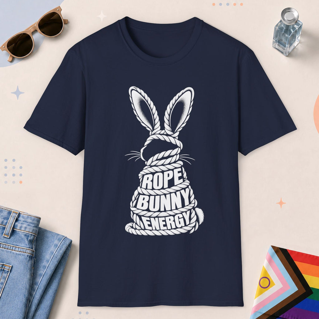 Navy color all-gender graphic t-shirt with "Rope Bunny Energy" design