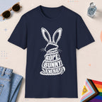 Navy color all-gender graphic t-shirt with "Rope Bunny Energy" design