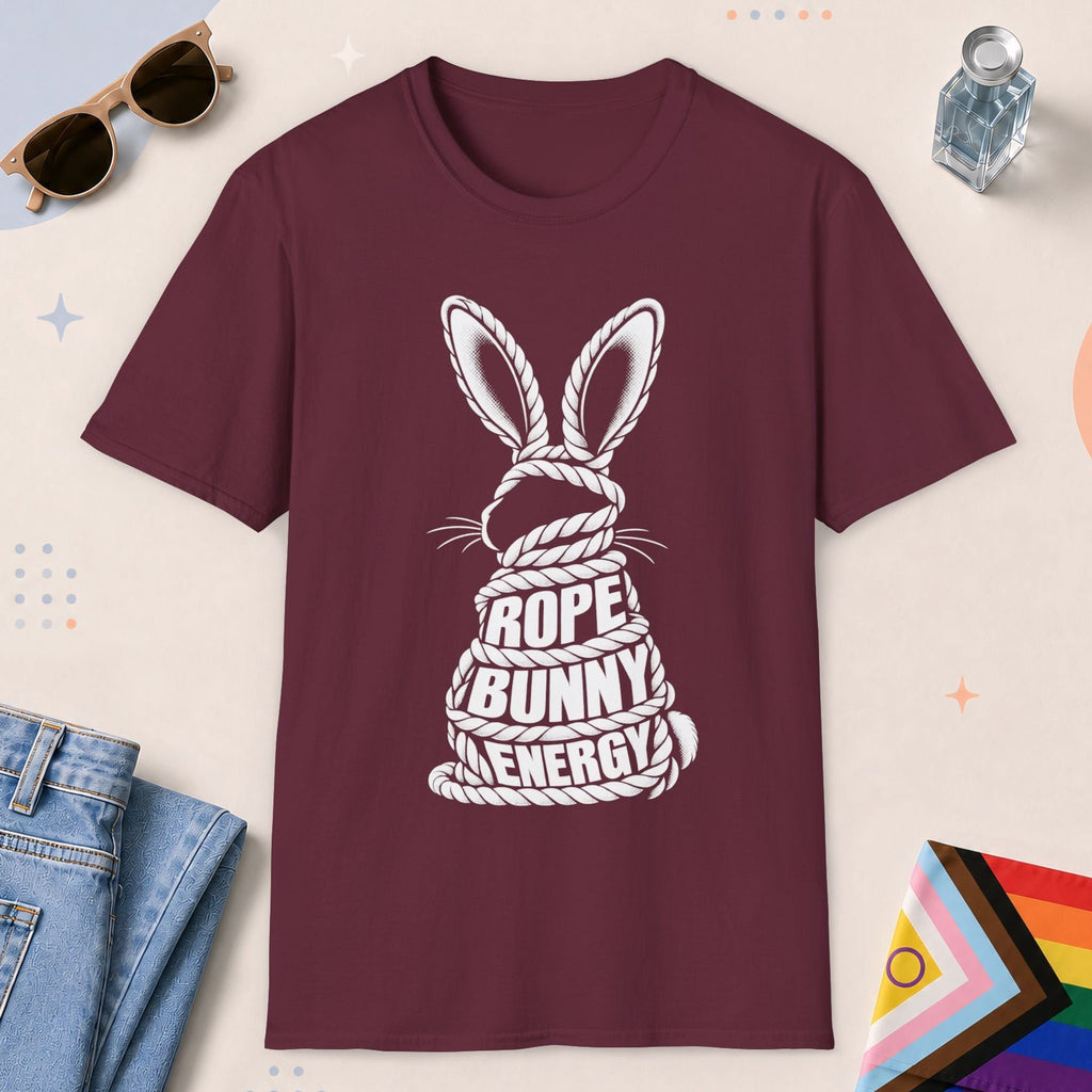 Maroon color all-gender graphic t-shirt with "Rope Bunny Energy" design