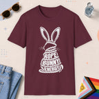 Maroon color all-gender graphic t-shirt with "Rope Bunny Energy" design