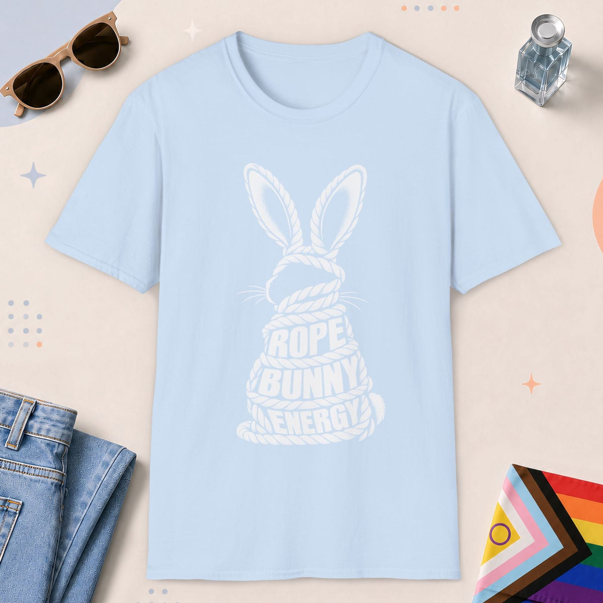 Light Blue color all-gender graphic t-shirt with "Rope Bunny Energy" design