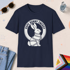 Navy color all-gender graphic t-shirt with "Rope Bunny" design