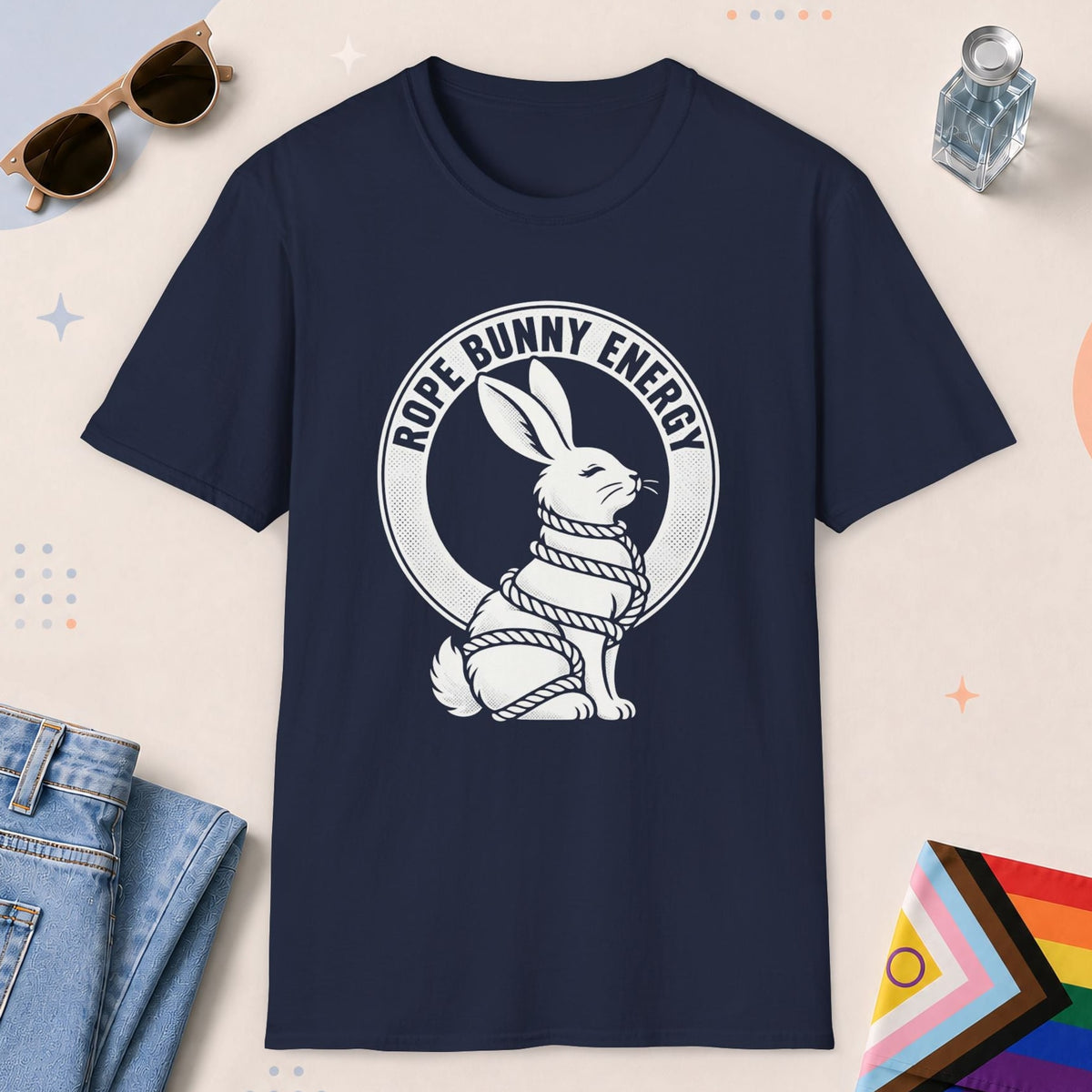 Navy color all-gender graphic t-shirt with "Rope Bunny" design