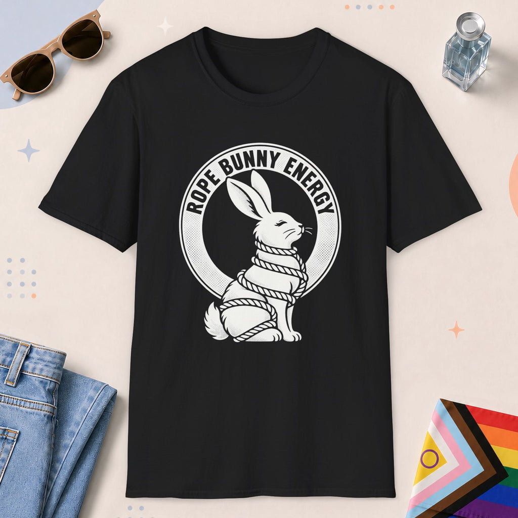 Black color all-gender graphic t-shirt with "Rope Bunny" design
