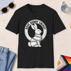 Black color all-gender graphic t-shirt with "Rope Bunny" design