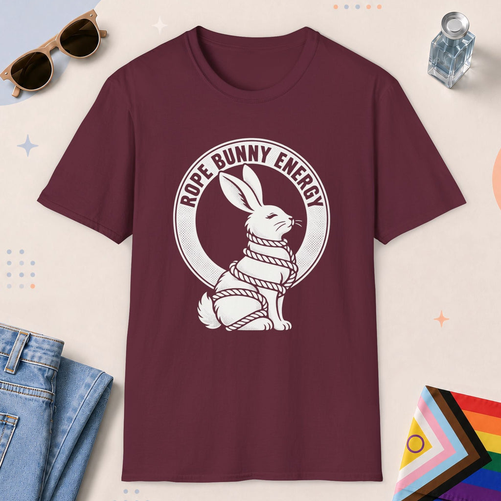 Maroon color all-gender graphic t-shirt with "Rope Bunny" design