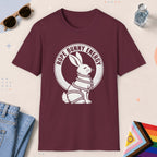 Maroon color all-gender graphic t-shirt with "Rope Bunny" design
