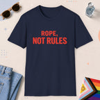 Navy color all-gender graphic t-shirt with "Rope Not Rules" design