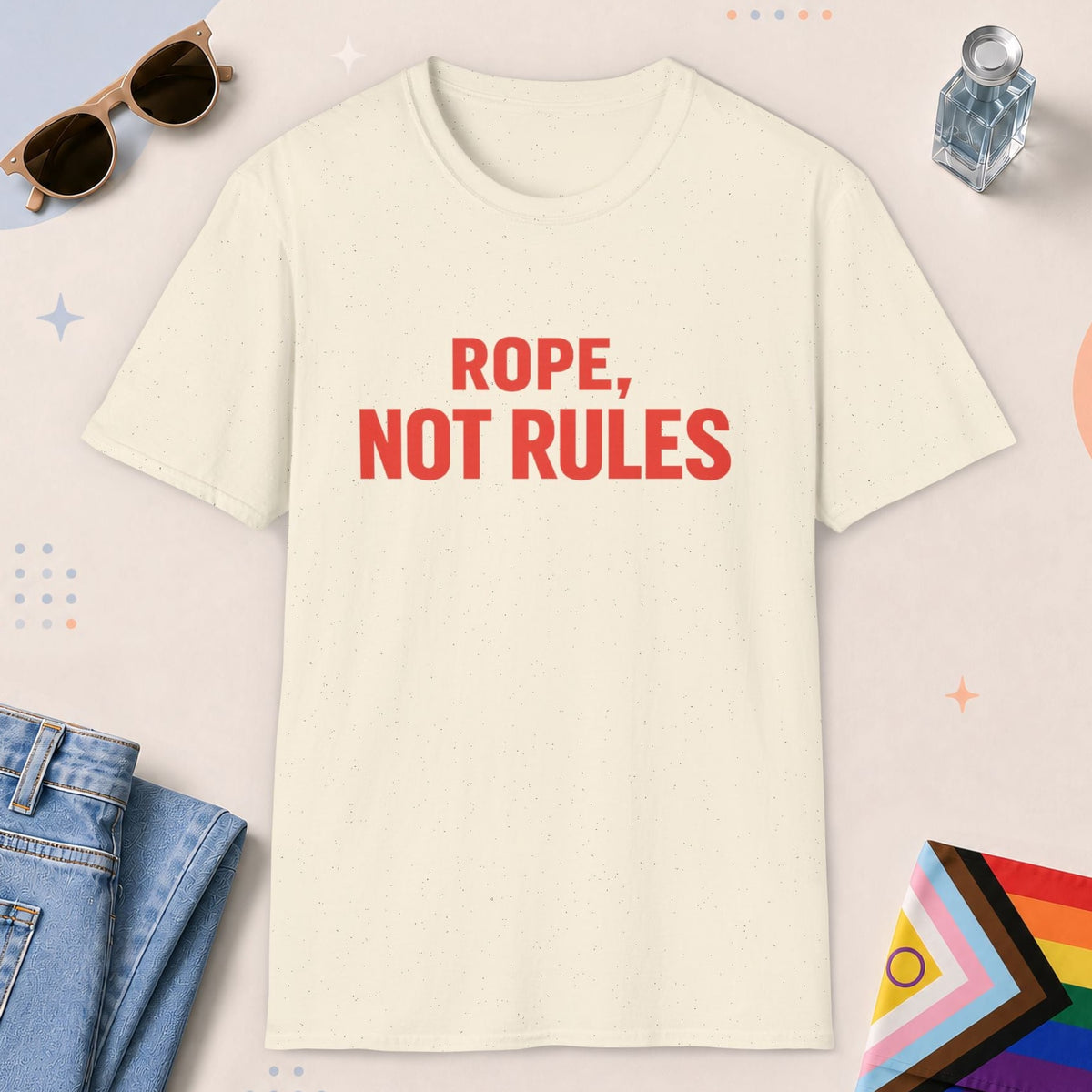 Natural color all-gender graphic t-shirt with "Rope Not Rules" design